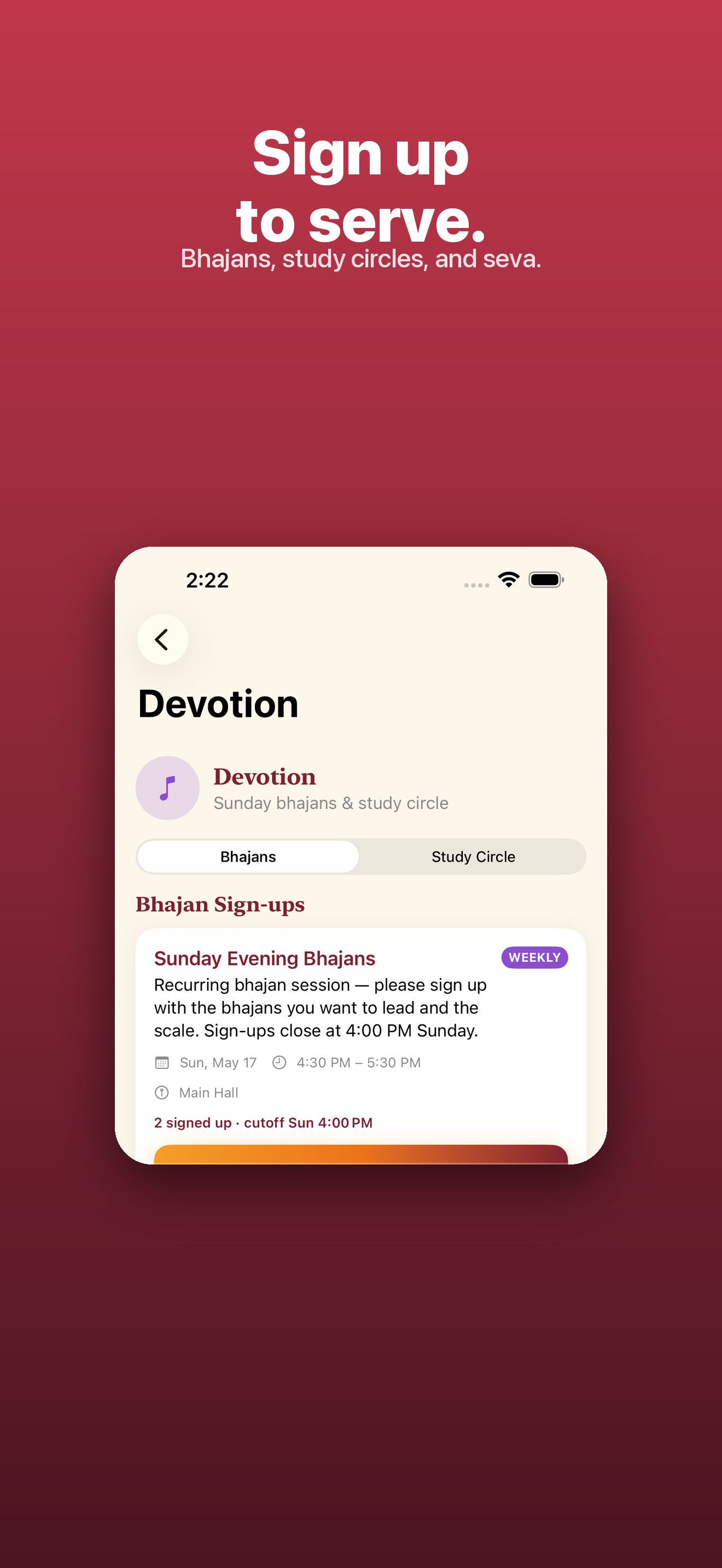 NB Sai Center — devotion sign-ups for bhajan and study circle