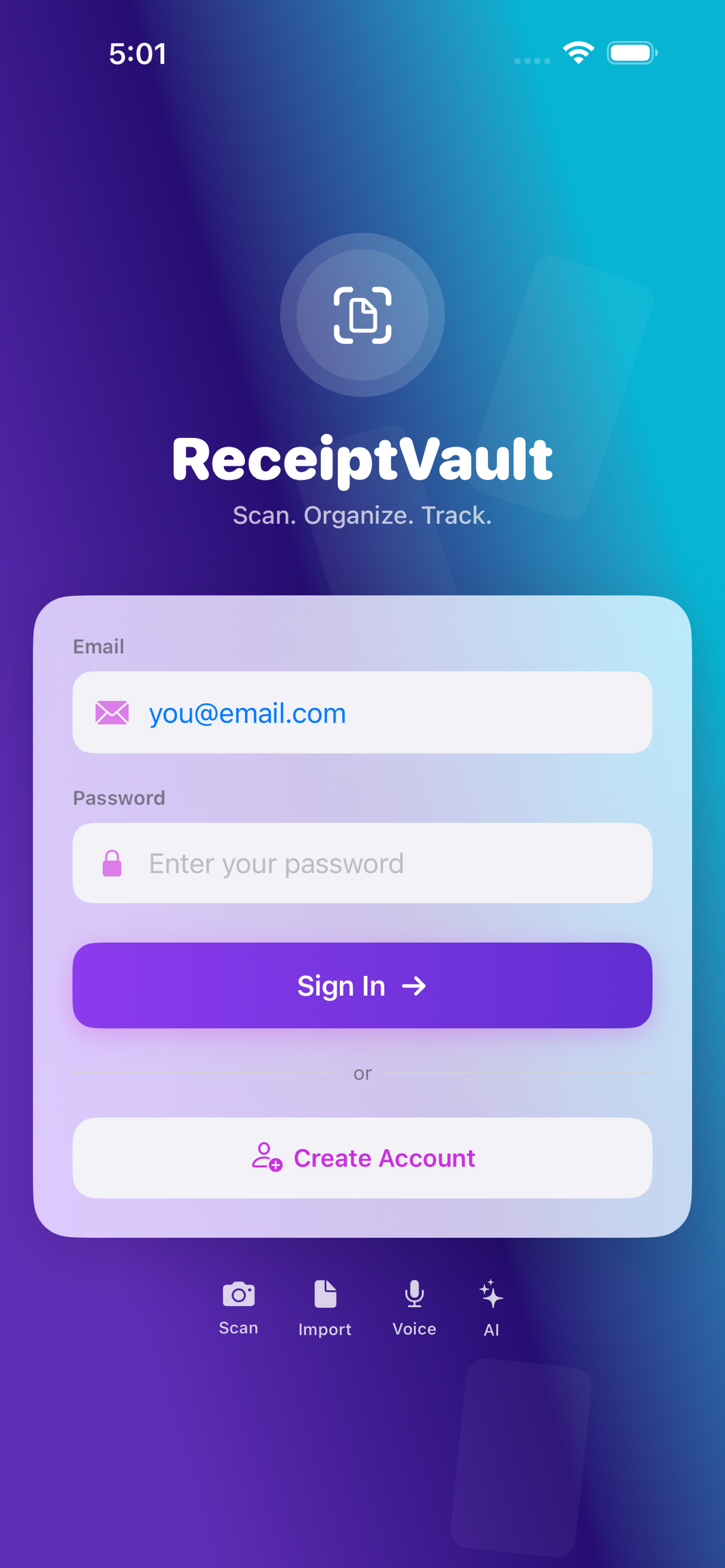 ReceiptVault screenshot: 00 login