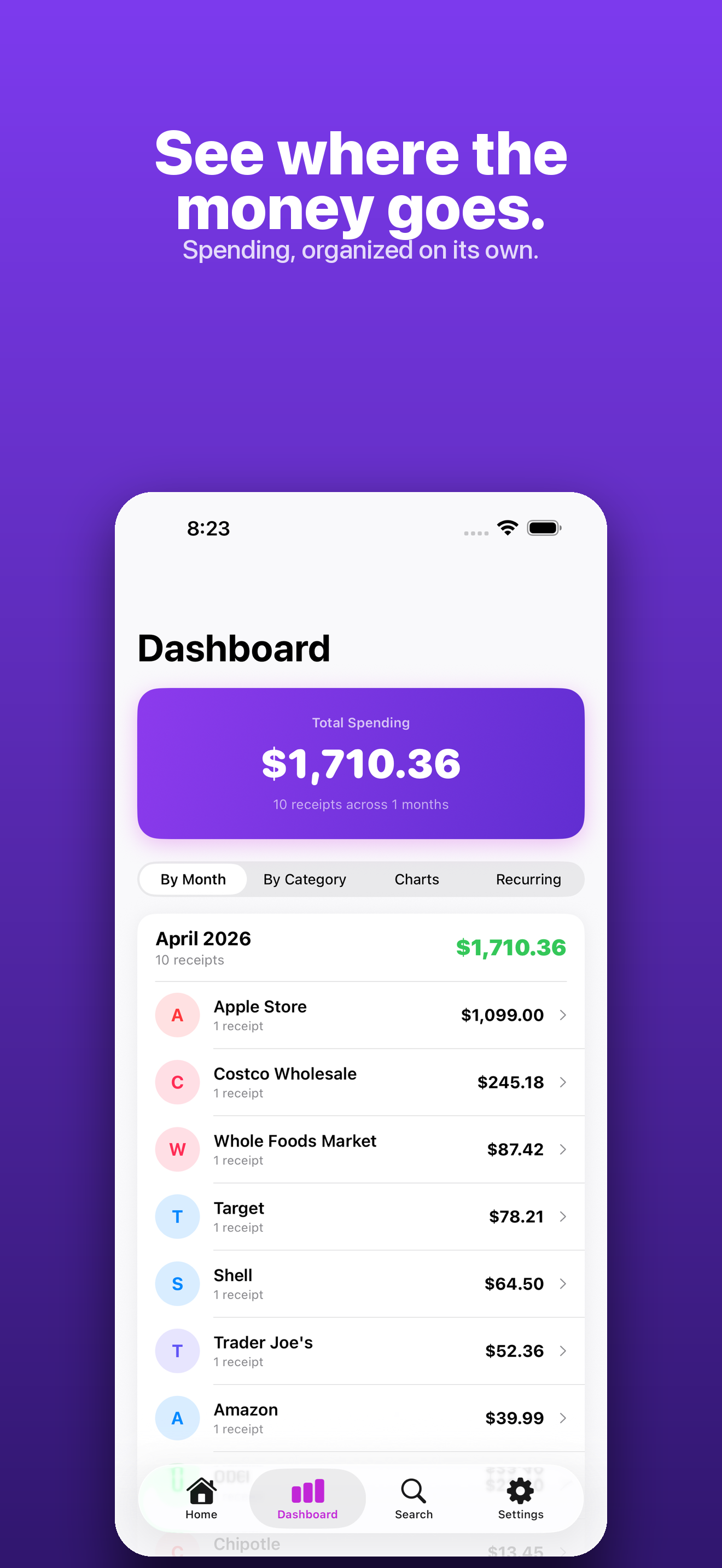 ReceiptVault — monthly spending dashboard by vendor and category