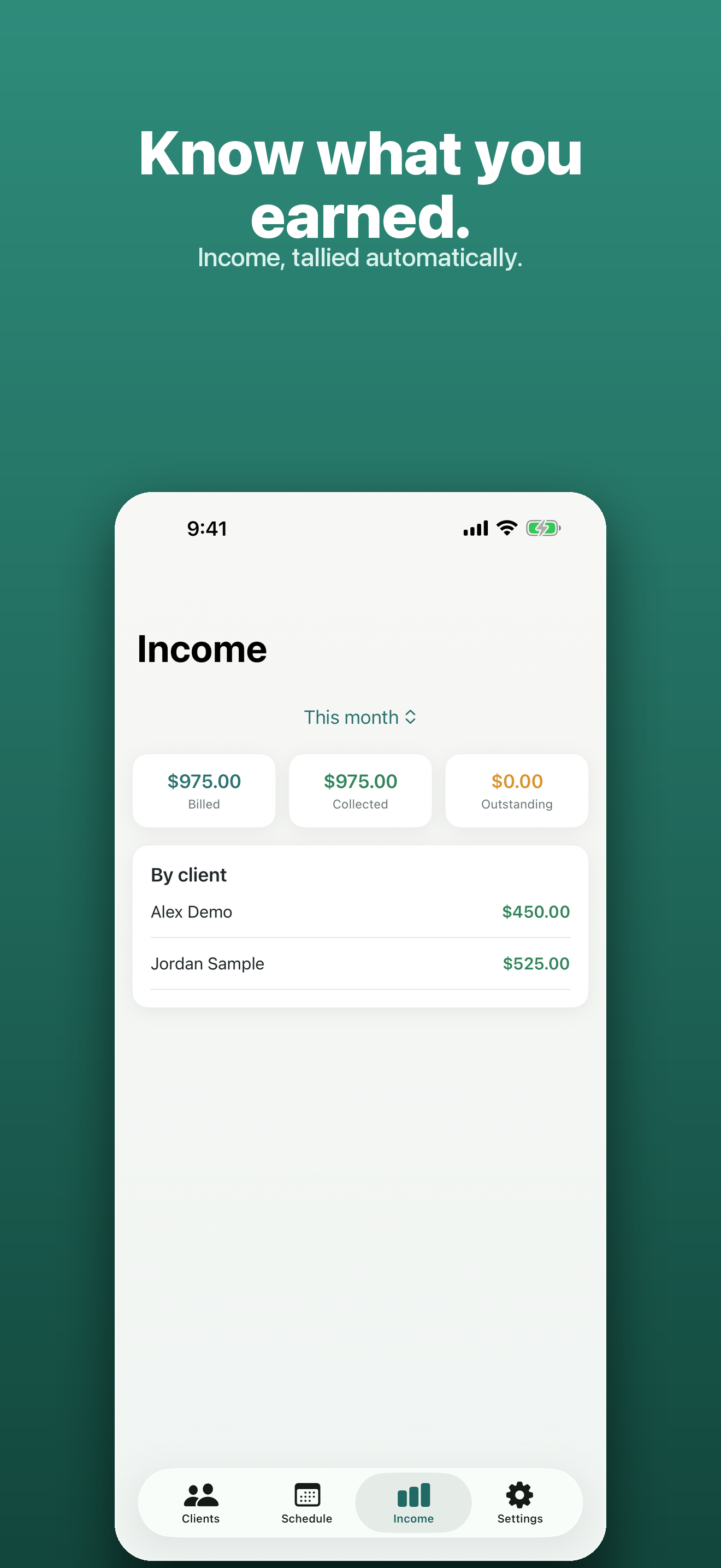 Solenote — income view showing fees billed versus collected