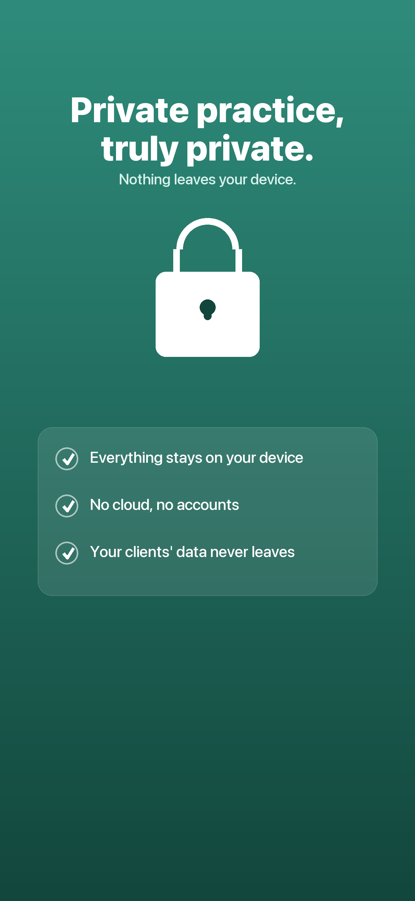 Solenote — privacy panel showing on-device, no-account storage