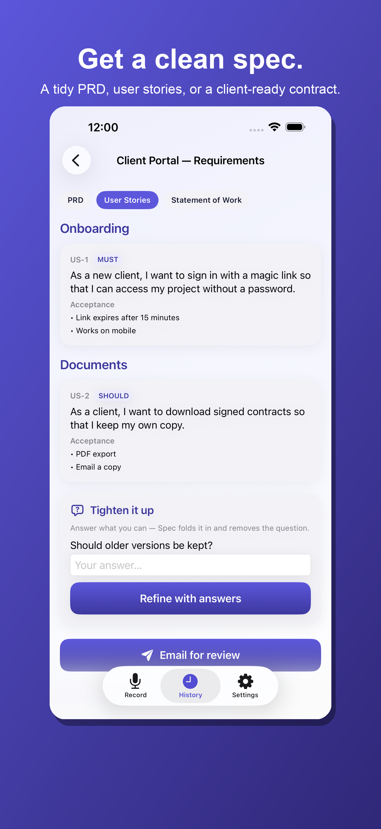 Spec — on-device transcript of the conversation