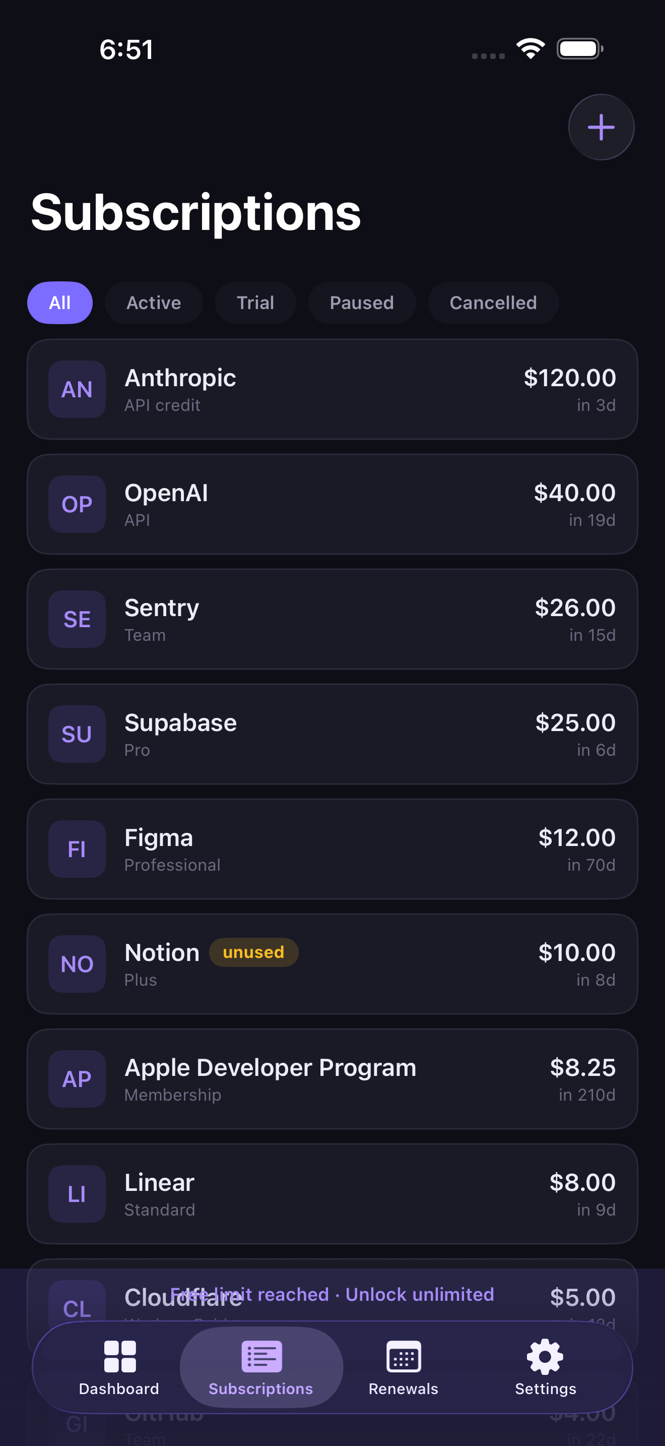 SubLedger screenshot: 02 Subscriptions