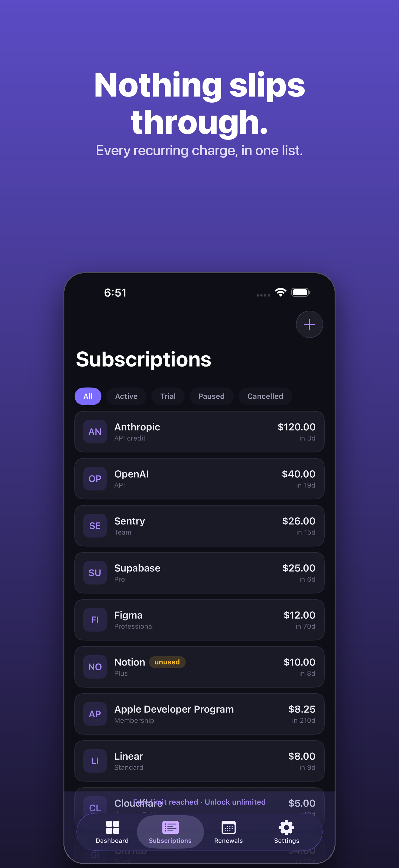 SubLedger — the full list of tracked subscriptions