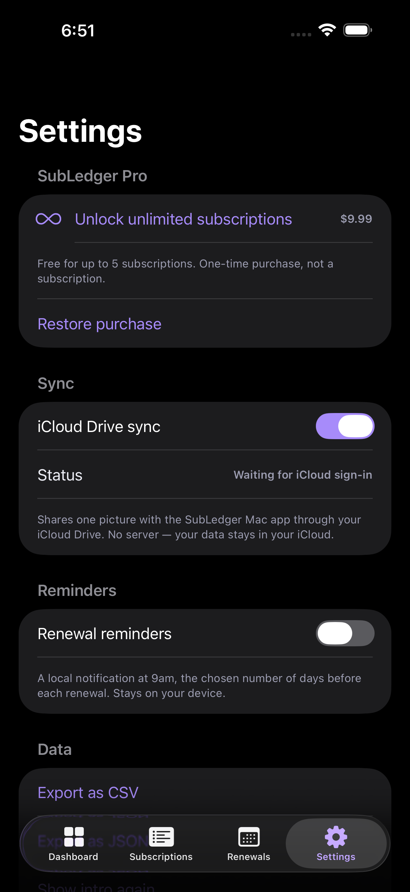 SubLedger screenshot: 04 Settings