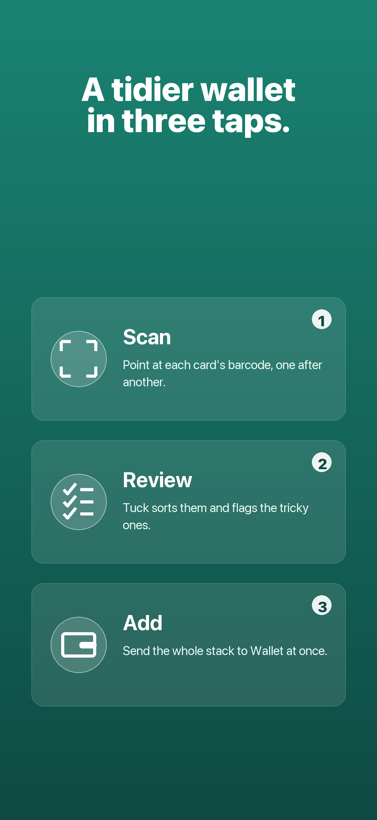 Tuck — scan, review, and add cards in three steps